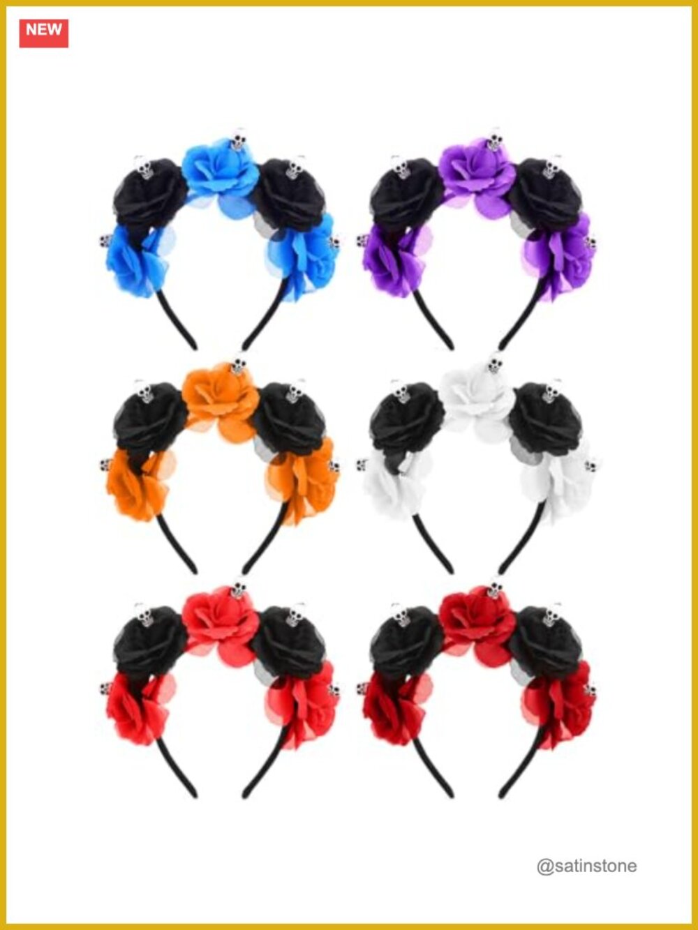 Skull Flower Headbands 6 Pc Halloween Day of the Dead Party